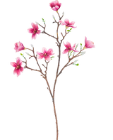 Der künstliche Zweig Magnolie kleinblütig 89 cm rosa hat einen Zweig mit mehreren blühenden rosa Magnolienblüten und grünen Blättern, perfekt für den dekorativen Gebrauch.