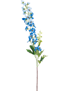 Die künstliche Blume Delphinium 79 cm blau hat einen einzelnen langen Stiel mit blauen Blüten in Büscheln und grünen Blättern vor einem weißen Hintergrund. Die Blüten reichen von Hell- bis Tiefblau entlang der Stielspitze.