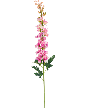 Eine einzelne künstliche Blume Delphinium 79 cm rosa Blume mit grünen, tief gelappten Blättern, isoliert auf weißem Hintergrund.