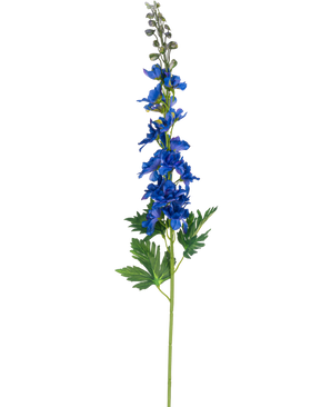 Eine künstliche Blume mit einem Stiel, Delphinium, 79 cm, blau mit blauen Blüten und grünen geteilten Blättern, vor einem schlichten weißen Hintergrund.