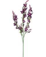 Die künstliche Blumen-Katzenminze 75 cm rosa ist ein einzelner künstlicher Stiel mit drei Zweigen aus rosa und lila Blüten und grünen Blättern, isoliert auf einem weißen Hintergrund.
