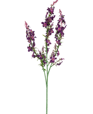Die künstliche Blumen-Katzenminze 75 cm rosa ist ein einzelner künstlicher Stiel mit drei Zweigen aus rosa und lila Blüten und grünen Blättern, isoliert auf einem weißen Hintergrund.