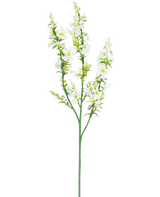Die künstliche Blumenkatzenminze 75 cm weiß hat einen einzelnen grünen Stiel mit mehreren Zweigen kleiner weißer Blüten und gelbgrüner Knospen, isoliert auf weißem Hintergrund.