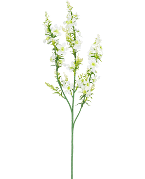 Die künstliche Blumenkatzenminze 75 cm weiß hat einen einzelnen grünen Stiel mit mehreren Zweigen kleiner weißer Blüten und gelbgrüner Knospen, isoliert auf weißem Hintergrund.
