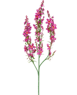 Eine künstliche Blumen-Katzenminze, 75 cm, hellrosa, hat einen einzelnen grünen Stiel mit drei Zweigen, jeder mit Büscheln kleiner, hellrosa Blüten und grünen Blättern, vor einem schlichten weißen Hintergrund.