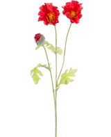 Die künstliche Mohnblume 73 cm rot hat einen einzelnen grünen Stiel mit zwei offenen roten Mohnblüten, einer teilweise geschlossenen roten Knospe und hellgrünen Blättern, alles vor einem schlichten weißen Hintergrund.