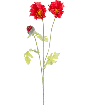 Die künstliche Mohnblume 73 cm rot hat einen einzelnen grünen Stiel mit zwei offenen roten Mohnblüten, einer teilweise geschlossenen roten Knospe und hellgrünen Blättern, alles vor einem schlichten weißen Hintergrund.