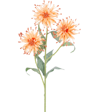Eine künstliche Blume Scabiosa Japonica 70 cm Pfirsichstiel mit drei orangefarbenen Kunstblumen, stacheligen Blütenblättern und grünen Blättern, abgebildet vor einem weißen Hintergrund.