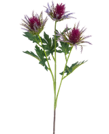 Die künstliche Astdistel 67 cm lila hat einen einzelnen Stiel mit drei stacheligen, lila distelähnlichen Blüten und unregelmäßigen grünen Blättern vor einem weißen Hintergrund.