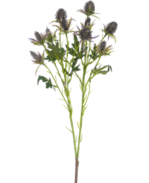 Die künstliche Astdistel 68 cm blau hat einen einzelnen Stiel mit mehreren stacheligen blauen Distelblüten und gezackten grünen Blättern, isoliert auf weißem Hintergrund.