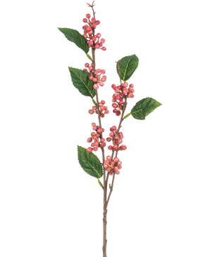 Der künstliche Beerenzweig 64 cm rosa besteht aus mehreren Büscheln kleiner, runder rosa Beeren mit grünen, gezackten Blättern an dünnen braunen Stielen, alle isoliert vor einem weißen Hintergrund.