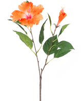 Die künstliche Hibiskusblume 64 cm orange hat einen einzelnen Stiel mit grünen Blättern und zwei orangefarbenen Blüten, eine voll erblüht und eine in Knospenform, auf weißem Hintergrund.