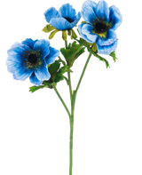 Die künstliche Blumen-Anemone doppelt 56 cm blau hat einen einzelnen grünen Stiel mit drei blauen Anemonenblüten und mehreren grünen Blättern, dargestellt vor einem schlichten weißen Hintergrund.