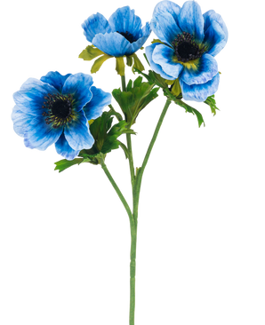 Die künstliche Blumen-Anemone doppelt 56 cm blau hat einen einzelnen grünen Stiel mit drei blauen Anemonenblüten und mehreren grünen Blättern, dargestellt vor einem schlichten weißen Hintergrund.