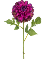 Eine einzelne künstliche Blumen-Dahlie, 50 cm, lila mit leuchtend violetten, geschichteten Blütenblättern und grünen Blättern, isoliert auf weißem Hintergrund.