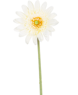 Die Kunstblume Gerbera 53 cm weiß hat eine einzelne weiße, gänseblümchenartige Blüte mit geschichteten Blütenblättern, einem gelbgrünen Herzen und einem langen grünen Stiel vor einem weißen Hintergrund.