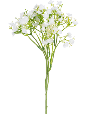 Ein einzelner künstlicher Zweig von Baby's Breath mit einer Größe von 46 cm mit kleinen, zarten weißen Blüten und grünen Stielen vor einem schlichten weißen Hintergrund.