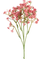 Der künstliche Schleierkrautzweig 48 cm altrosa hat einen einzelnen grünen Stiel mit mehreren dünnen Zweigen, die jeweils mit kleinen, runden rosa Blütensträußen verziert sind, alle vor einem schlichten weißen Hintergrund.