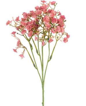 Der künstliche Schleierkrautzweig 48 cm altrosa hat einen einzelnen grünen Stiel mit mehreren dünnen Zweigen, die jeweils mit kleinen, runden rosa Blütensträußen verziert sind, alle vor einem schlichten weißen Hintergrund.