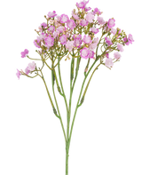 Der künstliche Schleierkrautzweig 46 cm rosa hat zartrosa Schleierkrautblüten mit kleinen, runden Blütenblättern an dünnen grünen Stielen vor einem weißen Hintergrund.