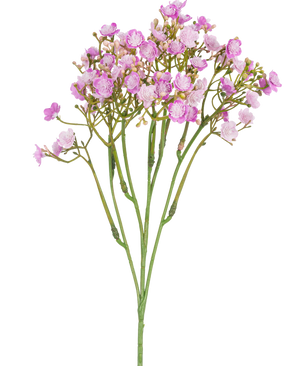 Der künstliche Schleierkrautzweig 46 cm rosa hat zartrosa Schleierkrautblüten mit kleinen, runden Blütenblättern an dünnen grünen Stielen vor einem weißen Hintergrund.