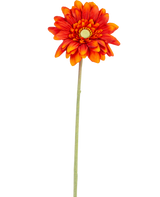 Die künstliche Blume Gerbera mini 47 cm in sanftem Orange ist ein künstliches Gänseblümchen mit geschichteten Blütenblättern, einem gelben Herzen und einem langen grünen Stiel, isoliert auf einem weißen Hintergrund.
