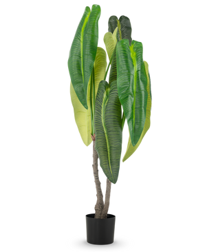 Een Kunstplant Anthurium 150 cm met grote bladeren in een pot.