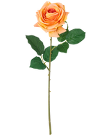 Eine künstliche Blume Crystal Touch feuchtigkeitsspendende Rose Real Touch Pfirsich, 43 cm hoch mit grünen Blättern, angezeigt auf einem schlichten weißen Hintergrund.