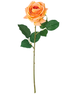 Eine künstliche Blume Crystal Touch feuchtigkeitsspendende Rose Real Touch Pfirsich, 43 cm hoch mit grünen Blättern, angezeigt auf einem schlichten weißen Hintergrund.