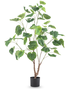 Die Kunstpflanze Ficus 120 cm ist eine hohe Kunstpflanze mit mehreren schlanken Zweigen und großen, herzförmigen grünen Blättern, in einem schlichten schwarzen Topf vor weißem Hintergrund.