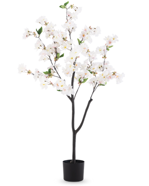 Die künstliche Kirschblüte 120 cm weiß ist ein künstlicher Baum in einem Topf mit dunkelbraunen Zweigen, grünen Blättern und weißen Blütensträußen vor einem schlichten weißen Hintergrund.
