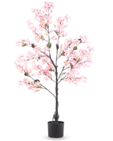 Die künstliche Bougainvillea 120 cm rosa ist ein künstlicher Baum in einem Topf mit grünen Blättern und leuchtend rosa Blüten, dargestellt vor einem schlichten weißen Hintergrund.