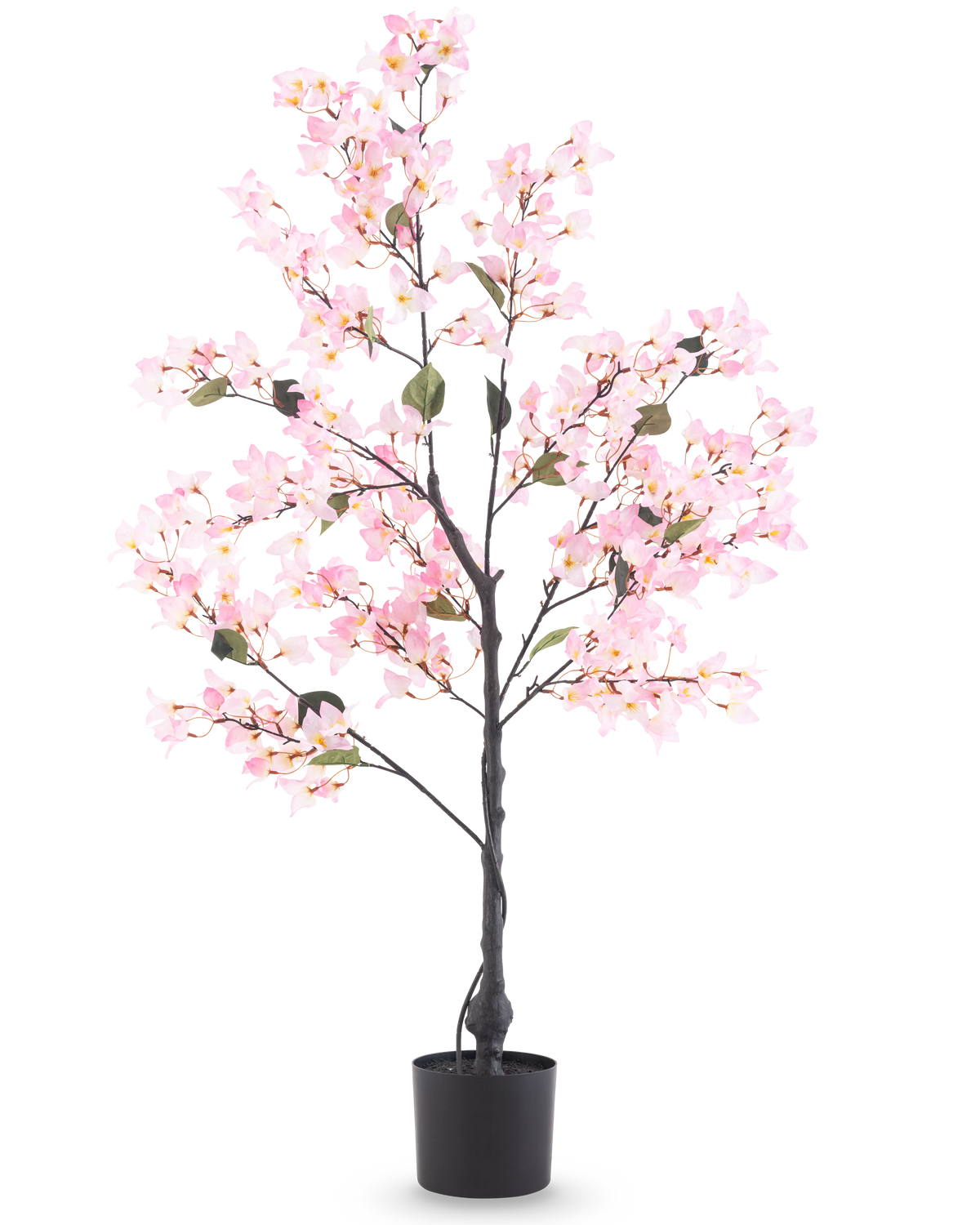 Die künstliche Bougainvillea 120 cm rosa ist ein künstlicher Baum in einem Topf mit grünen Blättern und leuchtend rosa Blüten, dargestellt vor einem schlichten weißen Hintergrund.