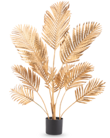 Die künstliche Palme Areca Gold 120 cm hat metallisch goldene Palmblätter in einem schwarzen Topf vor einem schlichten weißen Hintergrund.