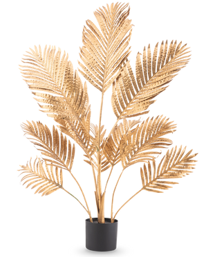 Die künstliche Palme Areca Gold 120 cm hat metallisch goldene Palmblätter in einem schwarzen Topf vor einem schlichten weißen Hintergrund.