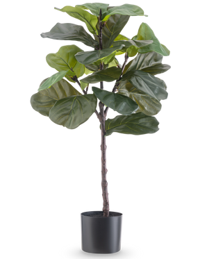 Die Kunstpflanze Ficus Tabakpflanze Deluxe 90 cm ist eine hohe künstliche Zimmerpflanze mit großen, glänzend grünen Blättern in einem schwarzen Topf, dargestellt vor einem schlichten weißen Hintergrund.