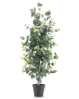 Kunstpflanze Eukalyptus 91 cm mit runden grünen Blättern und kleinen gelben Akzenten in einem schwarzen Topf, dargestellt vor einem schlichten weißen Hintergrund.