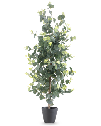 Kunstpflanze Eukalyptus 91 cm mit runden grünen Blättern und kleinen gelben Akzenten in einem schwarzen Topf, dargestellt vor einem schlichten weißen Hintergrund.