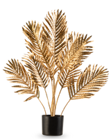 Die künstliche Palme Areca Gold 80 cm ist eine dekorative Topfpflanze mit metallisch goldenen Palmblättern in einem schwarzen Topf vor einem schlichten weißen Hintergrund.