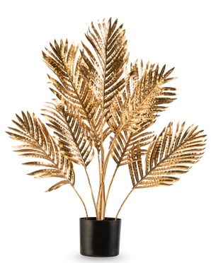 Die künstliche Palme Areca Gold 80 cm ist eine dekorative Topfpflanze mit metallisch goldenen Palmblättern in einem schwarzen Topf vor einem schlichten weißen Hintergrund.