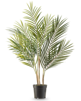 Die Kunstpalme Chamaedorea 71 cm hat lange, schlanke grüne Blätter und mehrere Stämme, wodurch sie vor einem weißen Hintergrund wie eine hohe Palme in einem Topf aussieht.