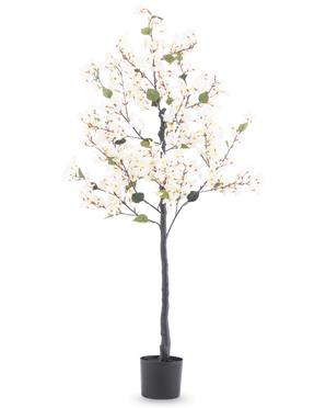 Die künstliche Bougainvillea 150 cm weiß ist ein hoher Kunstbaum mit weißen Blütenlichtern und grünen Blättern, in einem schwarzen zylindrischen Topf vor einem schlichten weißen Hintergrund.