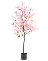 Künstliche Pflanze Bougainvillea 150 cm rosa mit rosa Blüten und grünen Blättern in einem schwarzen Topf, isoliert auf weißem Hintergrund.