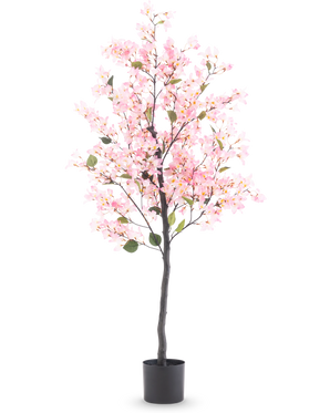Künstliche Pflanze Bougainvillea 150 cm rosa mit rosa Blüten und grünen Blättern in einem schwarzen Topf, isoliert auf weißem Hintergrund.
