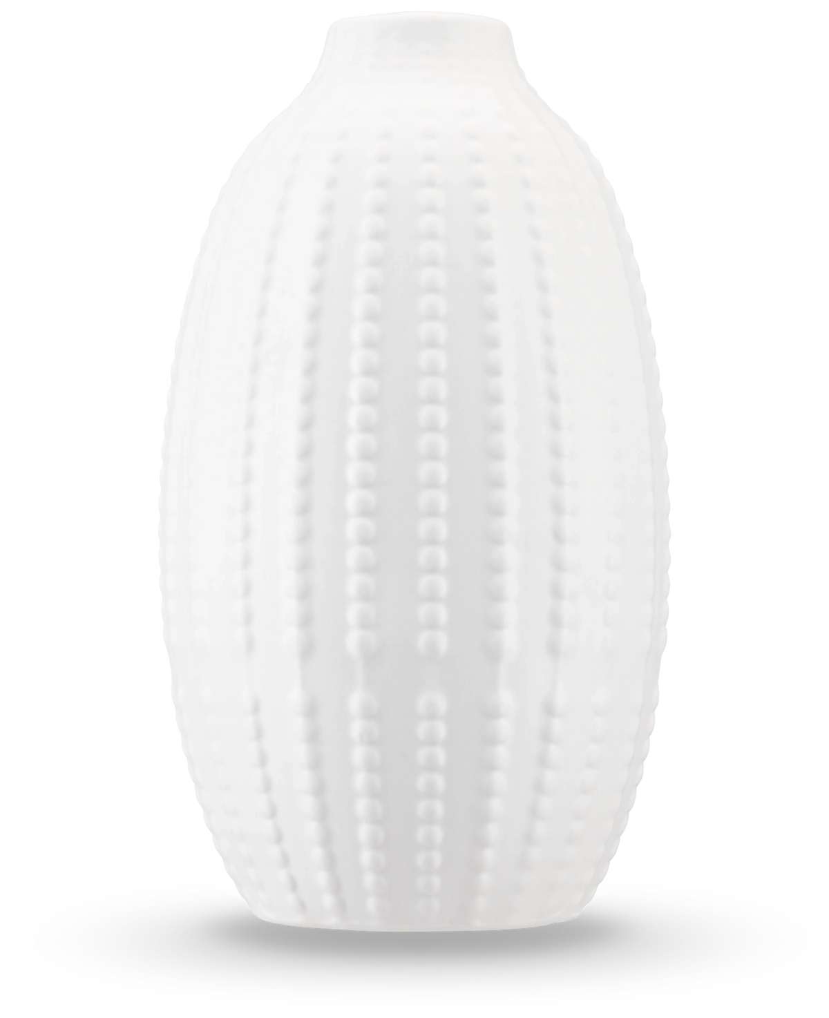 Die Vase Little Flora 21 cm in gebrochenem Weiß ist eine matte Keramikvase mit einem erhabenen, von Seeigeln inspirierten Punktmuster – ideal für künstliche Blumen – vor einem schlichten weißen Hintergrund.