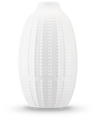 Die Vase Little Flora 21 cm in gebrochenem Weiß ist eine matte Keramikvase mit einem erhabenen, von Seeigeln inspirierten Punktmuster – ideal für künstliche Blumen – vor einem schlichten weißen Hintergrund.