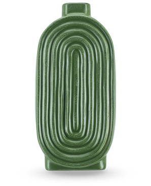 Die Vase Breaths 24 cm grün hat eine ovale, gerippte Form und eine kleine Öffnung an der Oberseite, ideal als Keramikvase für Kunstblumen. Steht aufrecht auf hellem Hintergrund.
