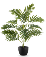 Die künstliche Palme Phönix 65 cm mit sattgrünen Blättern steht in einem eleganten schwarzen Dekotopf vor einem schlichten weißen Hintergrund.