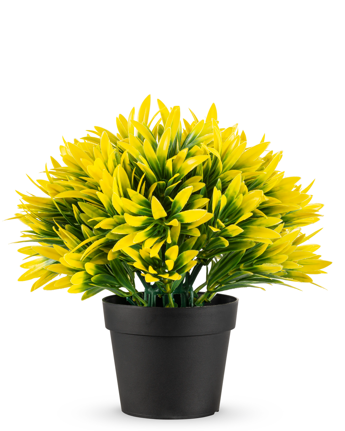 Die Kunstpflanze Gelbe Sonne im Topf UV 22 cm hat einen schwarzen Blumentopf mit einer dichten, künstlichen Pflanze mit spitzen gelben und grünen Blättern, perfekt, um jeden Raum aufzuhellen.