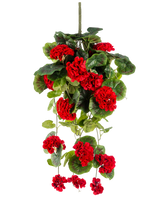 Die künstliche Hängepflanze Geranie 75 cm rot hat leuchtend rote künstliche Geranienblüten mit üppig grünen Blättern, die elegant nach unten fallen.